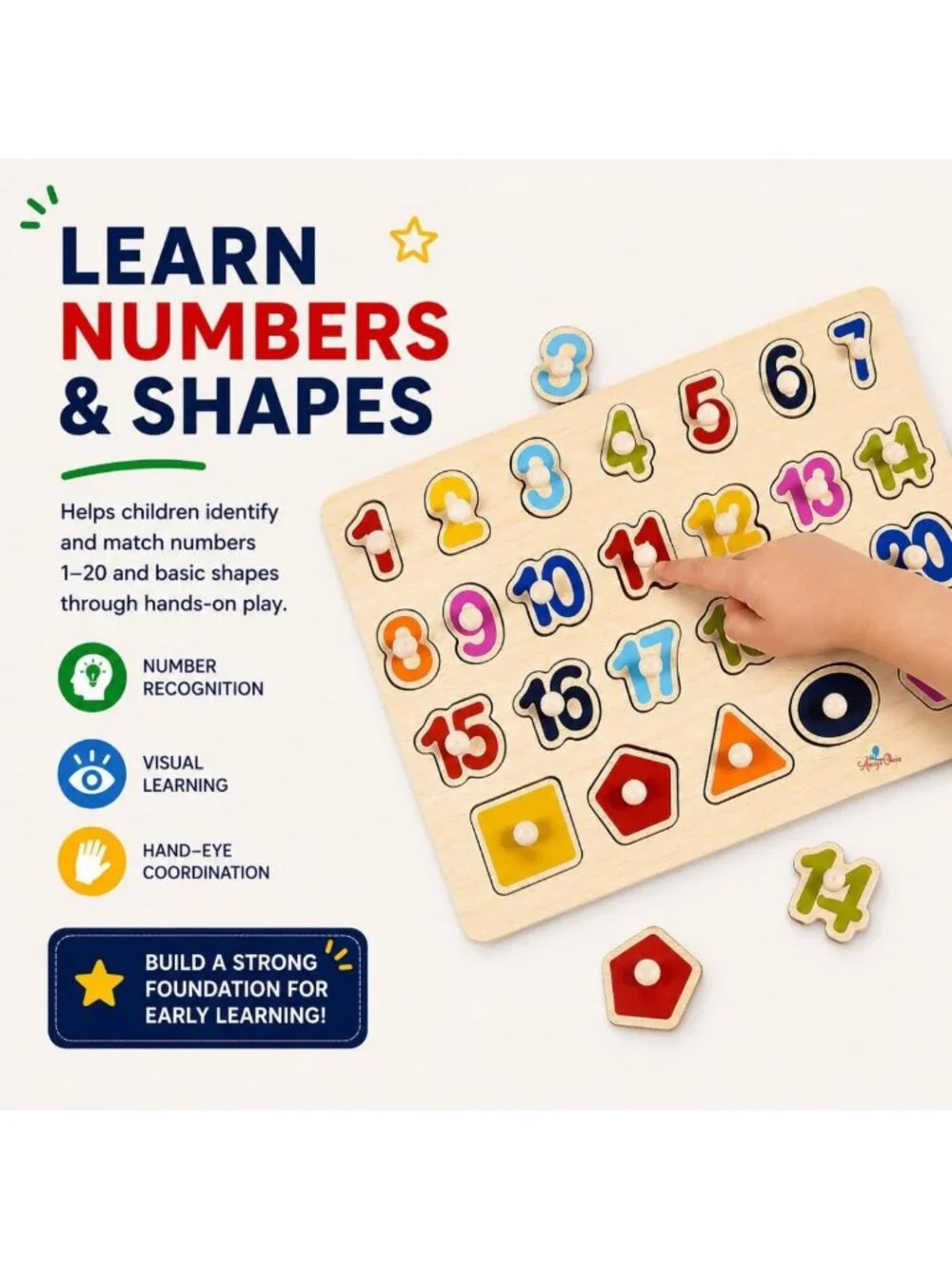 Magnetic Wooden Number & Shape Recognition Puzzle | 13 Colorful Pieces, 36